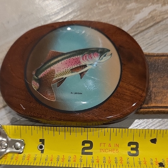 Rainbow Trout Fisherman Vintage Wood Buckle Belt - Picture 1 of 7